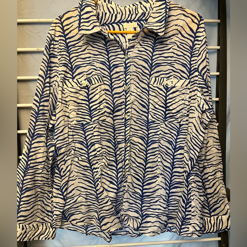 Chico's Blue and White Zebra Print Button Down Shirt